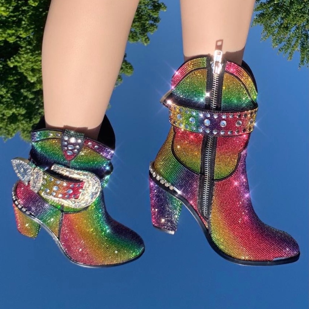 Dolls Kill Rainbow Rhinestone Cowboy Boots